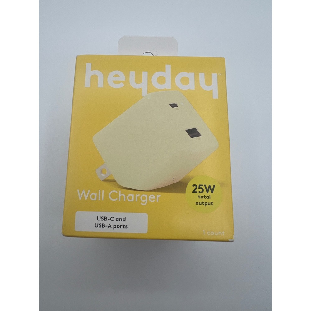Heyday 25W Wall Charger USB-C 20W and USB-A 5W Dual Port Yellow Foldable Prongs